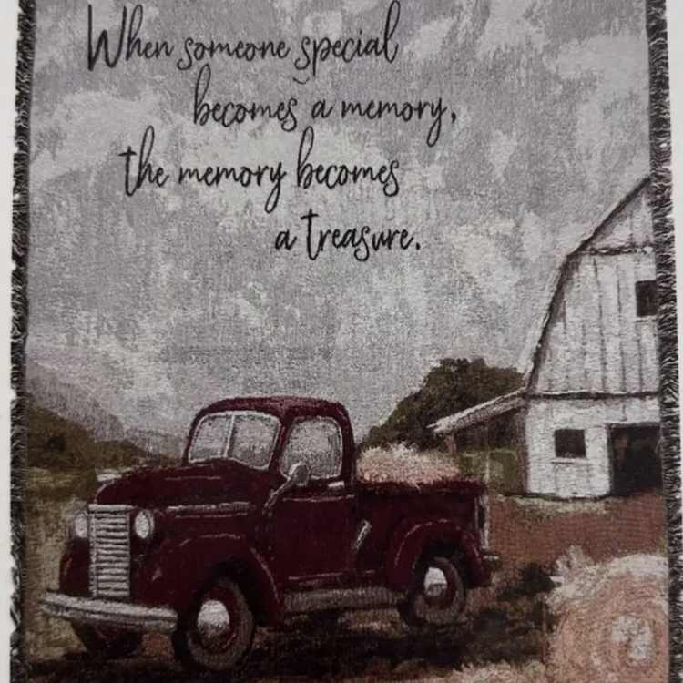 Framed wall art with a vintage red truck and a memorial quote