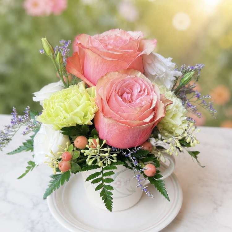 Pink roses and pale green carnations in a white teacup arrangement