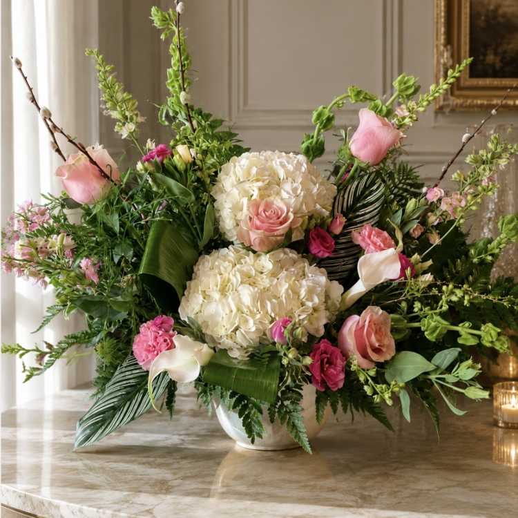 Large floral arrangement with pink roses, white hydrangeas, and calla lilies in a vase