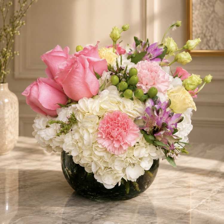 Pink roses and mixed blooms arranged in a dark glass vase