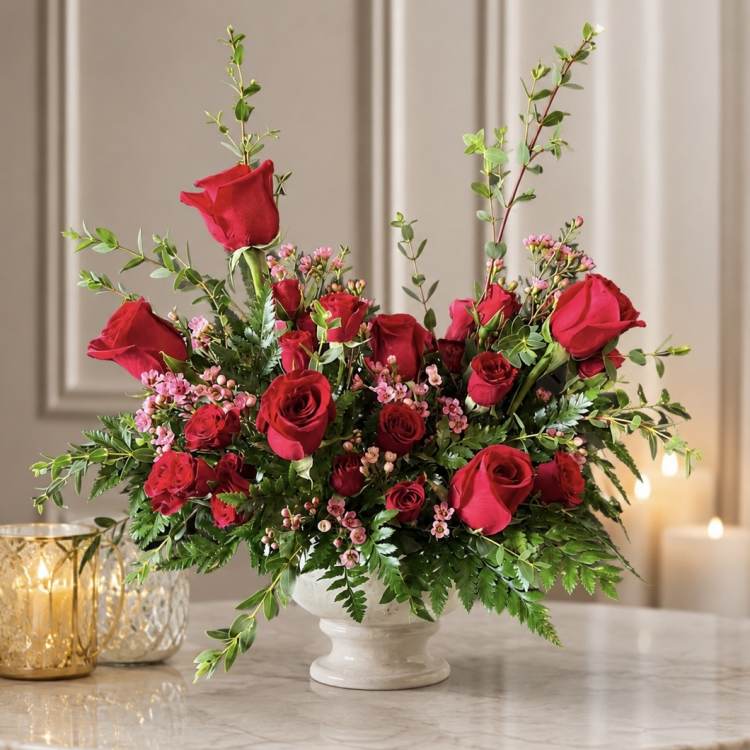 Red roses arranged in a white pedestal vase with pink filler flowers