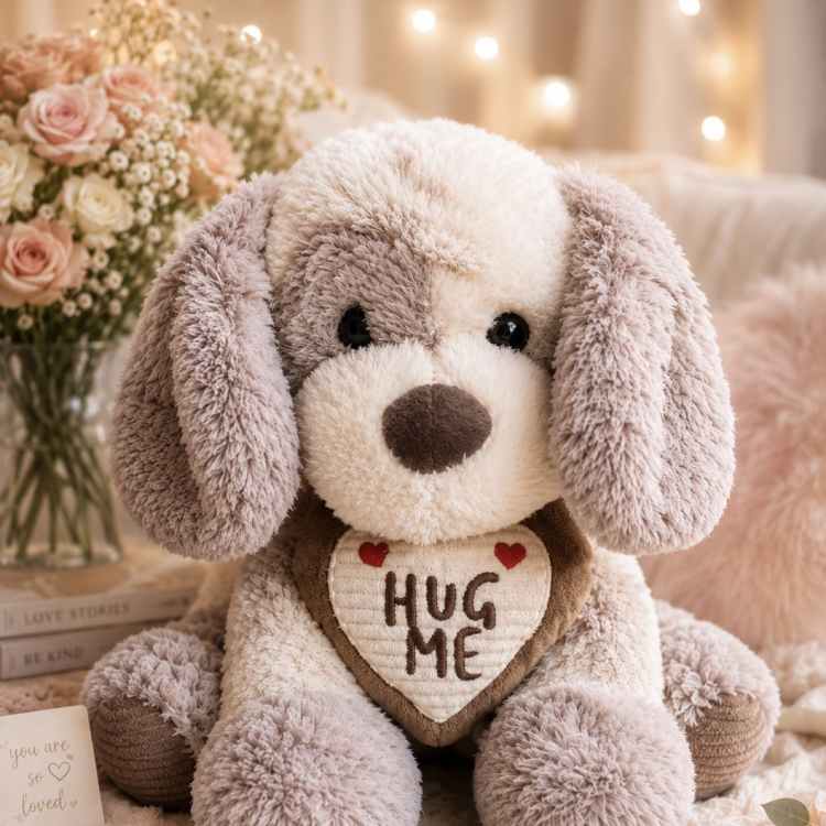 Plush dog holding a heart that says "HUG ME" with pink roses nearby