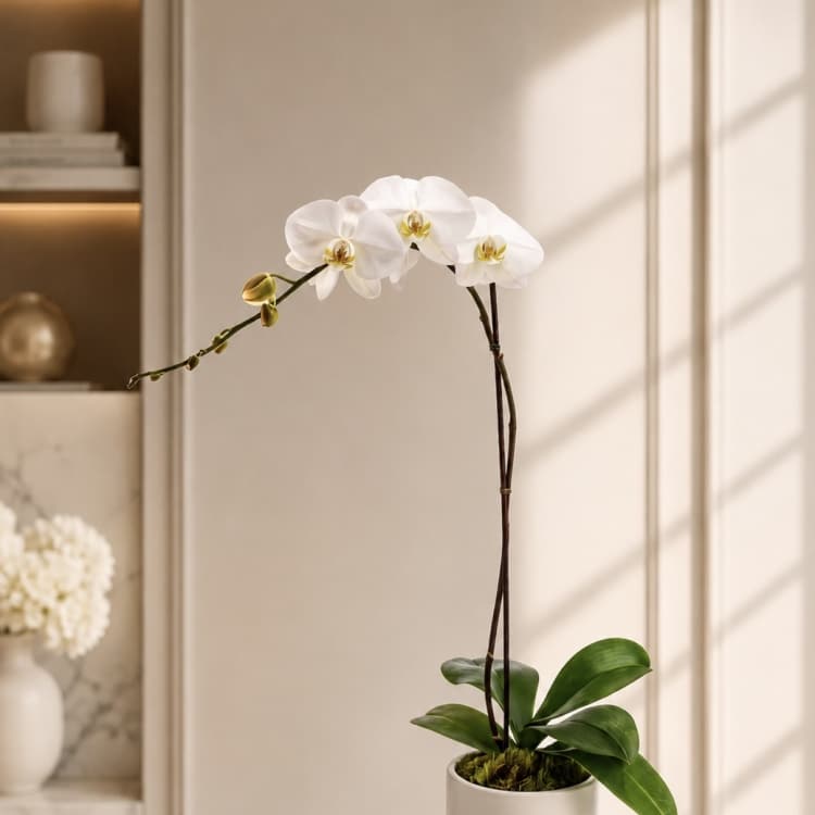 White orchid plant in a white pot on a marble surface