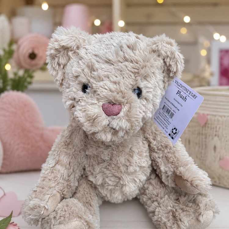 Plush teddy bear with a pink heart nose and Valentine’s Day tag