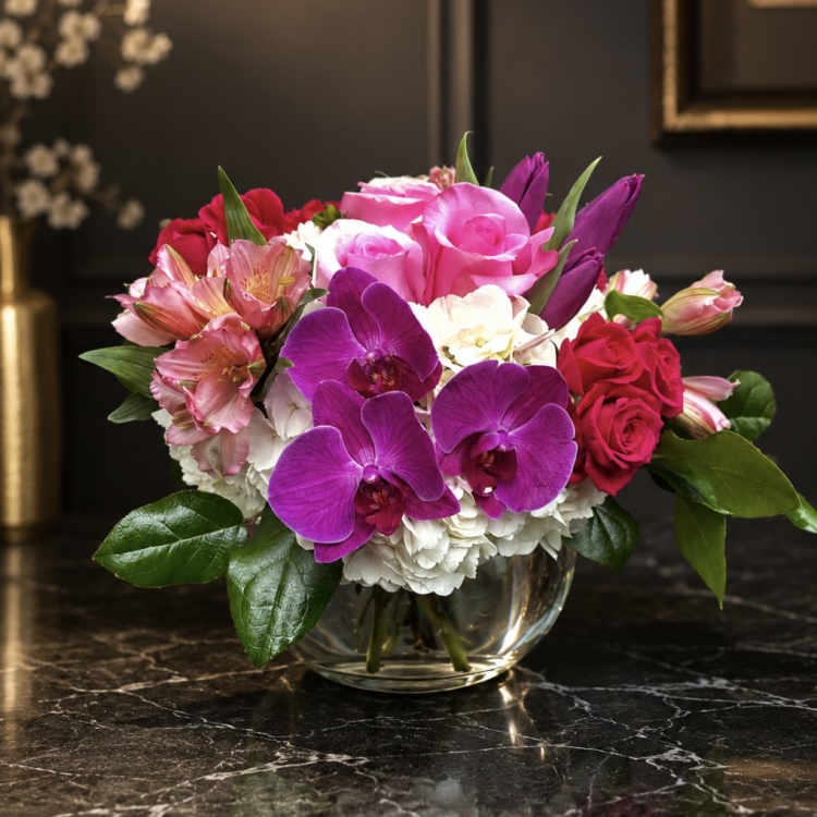 Mixed bouquet of pink roses, purple orchids, and white blooms in a glass bowl vase