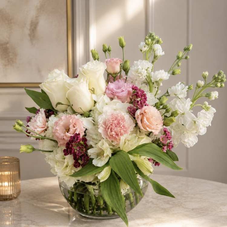 Pastel bouquet of roses, carnations, and white blooms in a glass bowl vase