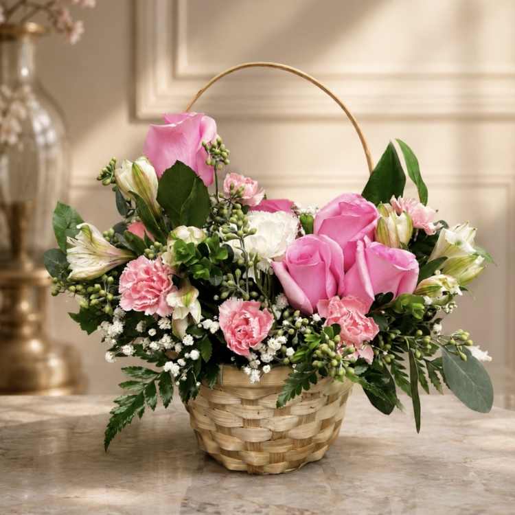 Pink roses and carnations arranged in a wicker basket with a handle