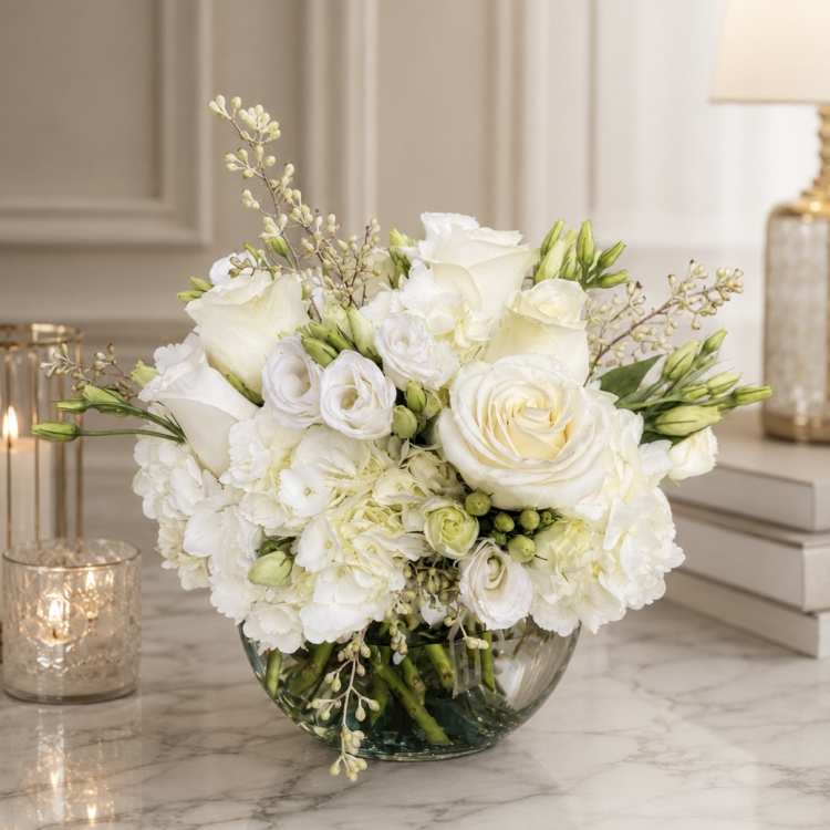 White floral arrangement in a clear glass bowl vase