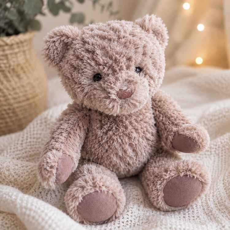 Plush teddy bear sitting on a knitted blanket
