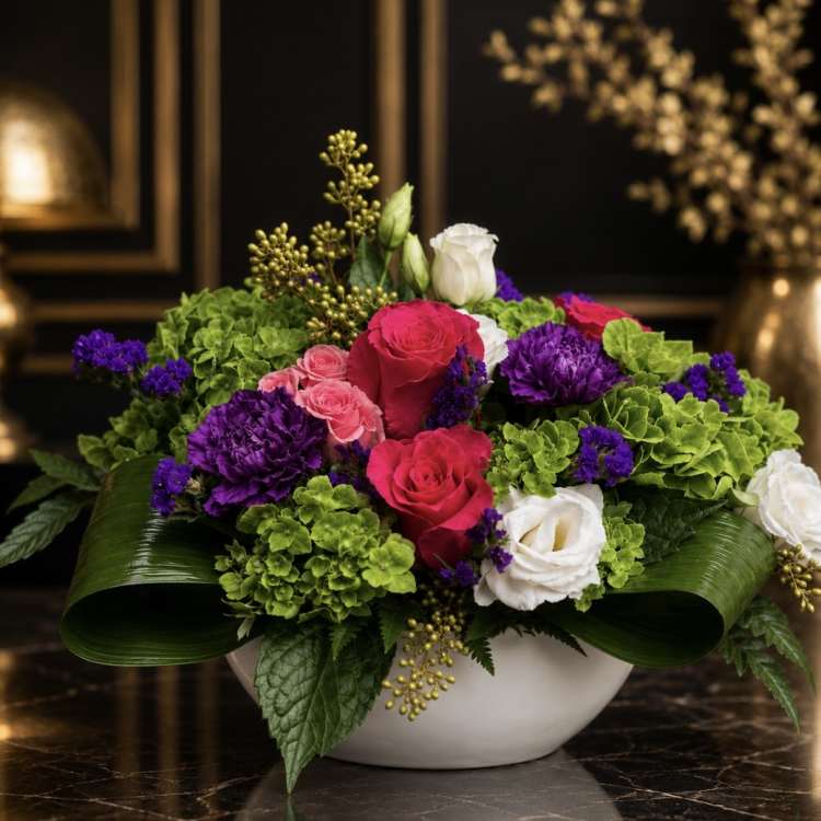 Mixed bouquet of roses, lisianthus, and purple blooms in a white bowl vase