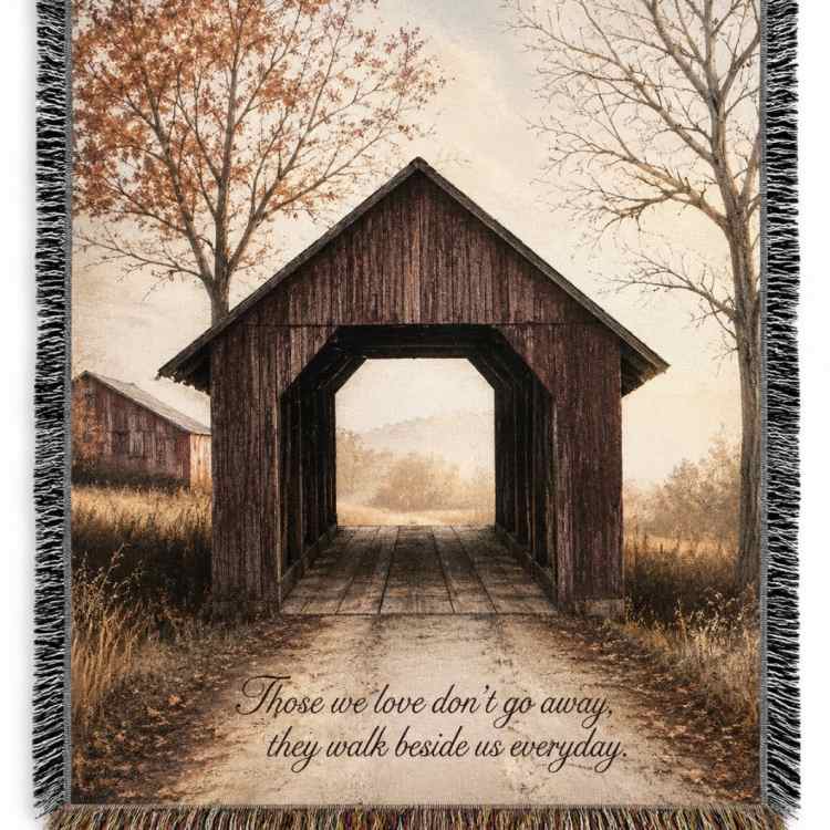 Fringed throw blanket with a covered bridge scene and memorial quote