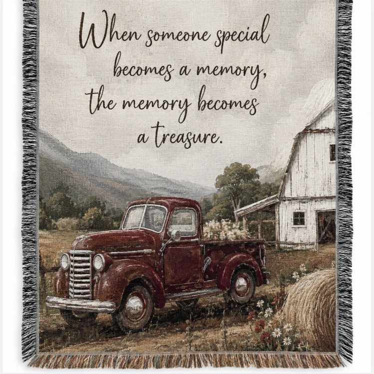Decorative woven throw blanket with a farm truck and memorial quote