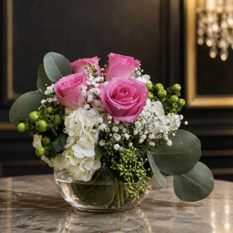 Pink roses and white hydrangeas in a clear glass bowl vase