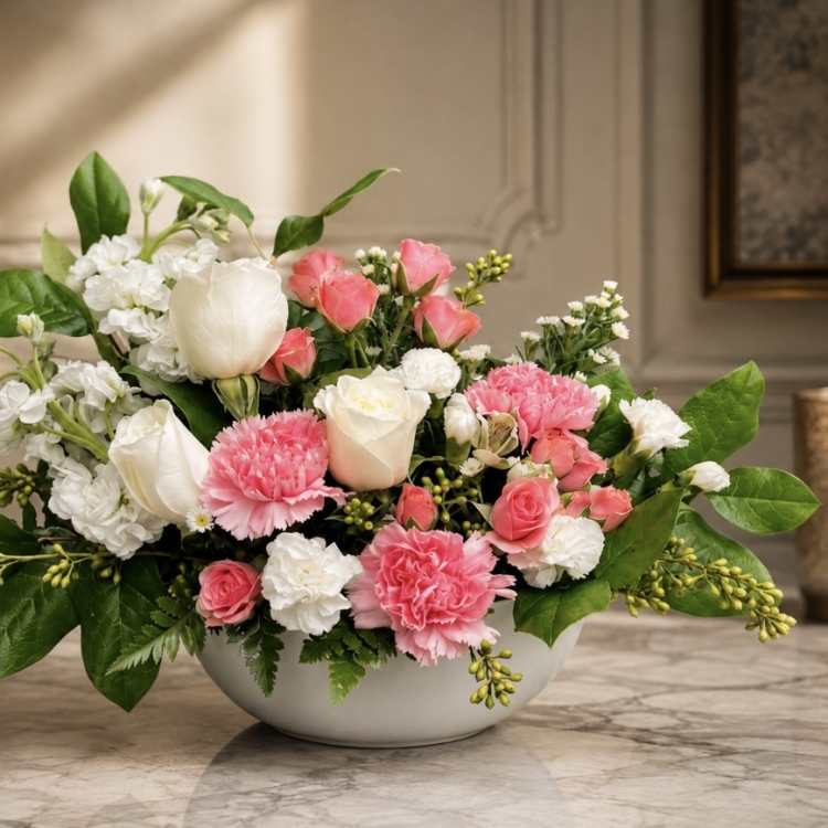 Pink and white mixed flower arrangement in a low white bowl