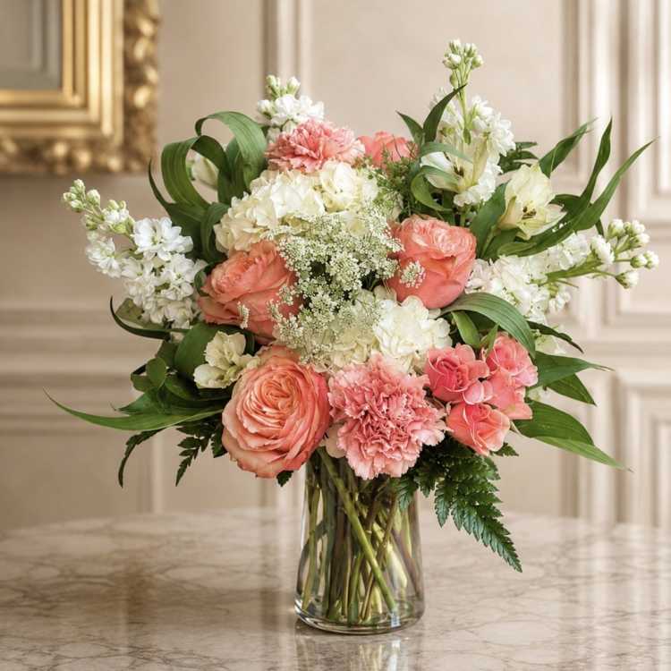 Pink and white mixed flower bouquet in a clear glass vase
