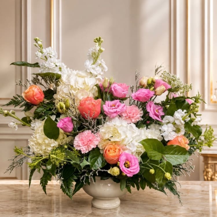 Mixed pink, white, and peach flowers arranged in a white pedestal vase