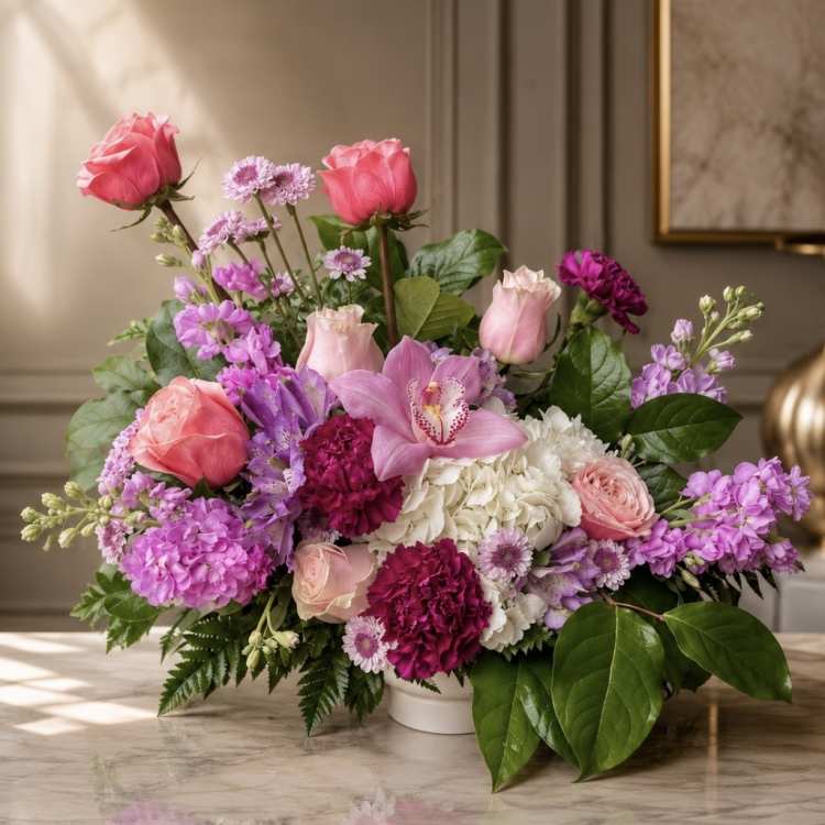Pink and purple mixed flower arrangement in a white vase