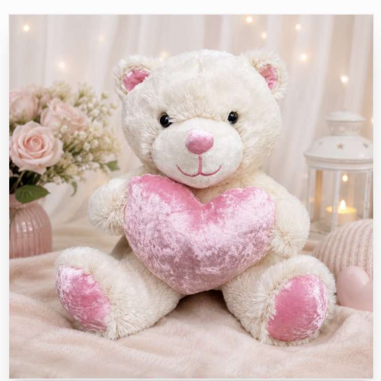 Plush white teddy bear holding a pink heart, with a pink rose bouquet nearby