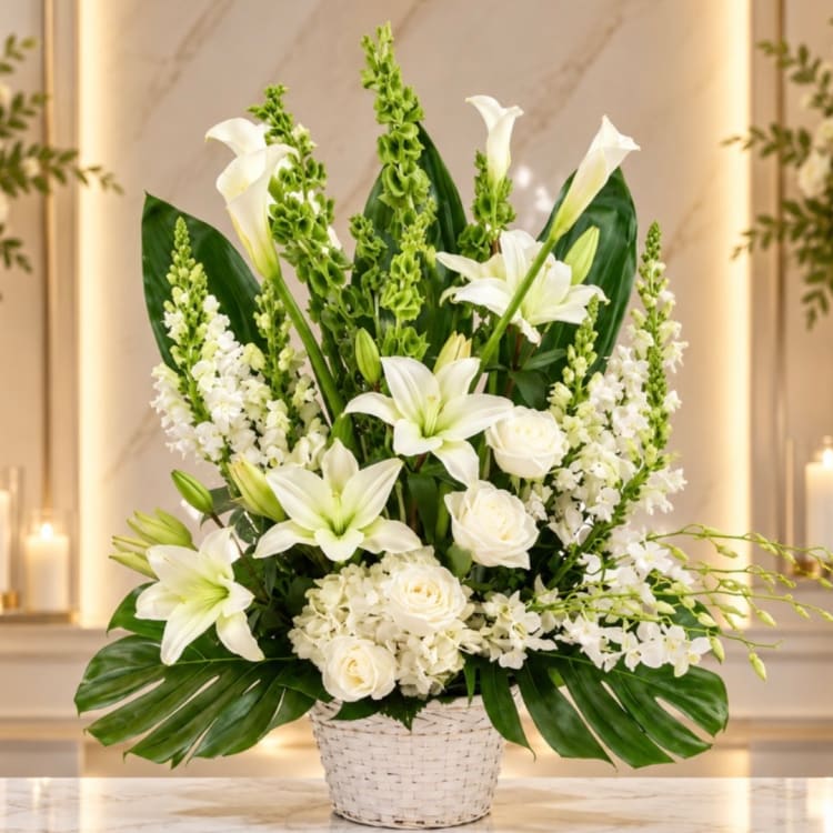 White lilies and roses arranged in a white basket with green foliage