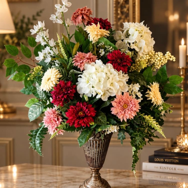 Large mixed flower arrangement in a decorative urn vase