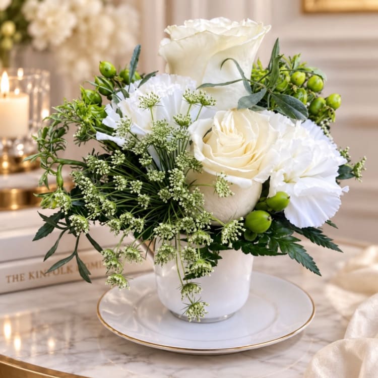 White roses and carnations arranged in a white vase with green berries