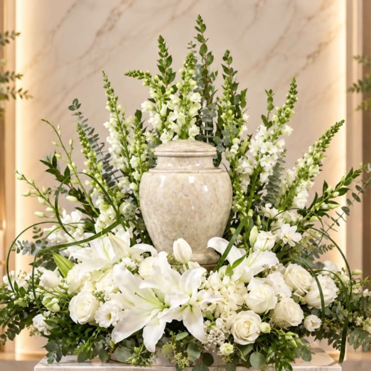 White lilies and roses arranged around a beige urn.