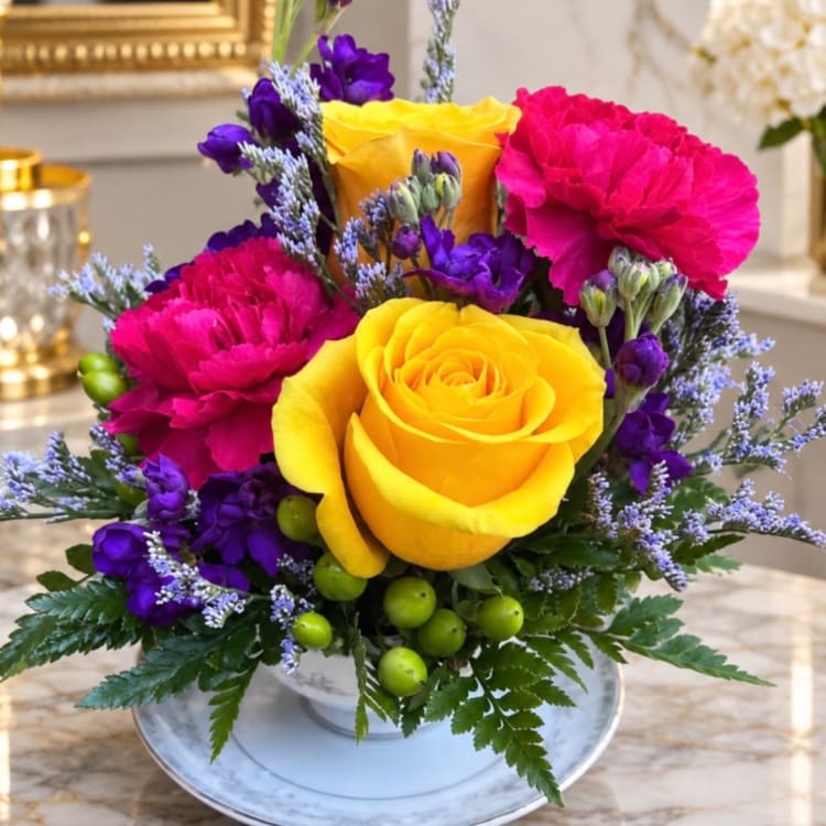 Bouquet of yellow roses, pink carnations, and purple flowers in a white vase
