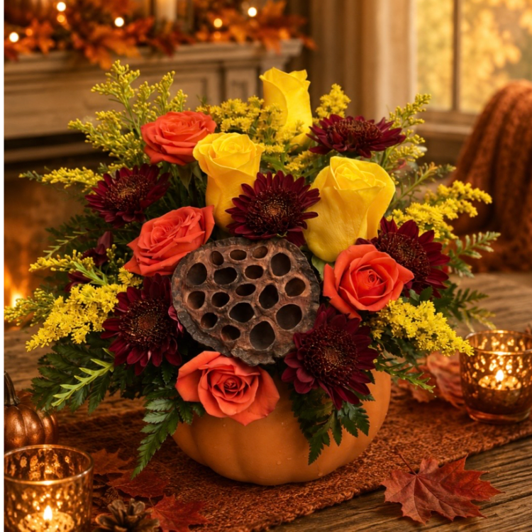 Pumpkin-shaped vase with roses and dark daisies