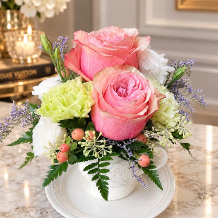 Pink roses and pale green carnations in a white vase