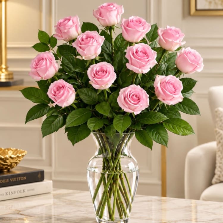 Pink roses arranged in a clear glass vase