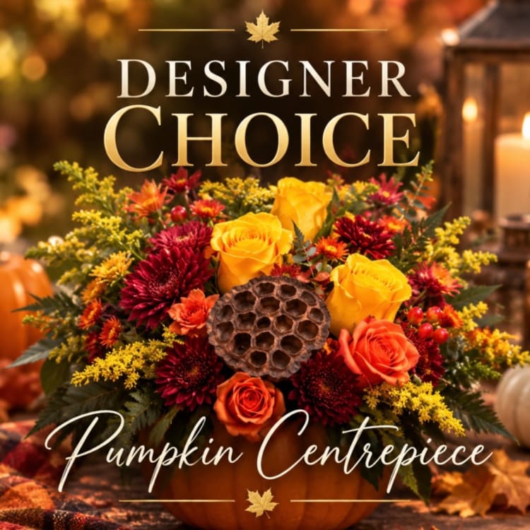 Autumn floral centerpiece in a pumpkin with roses and mums