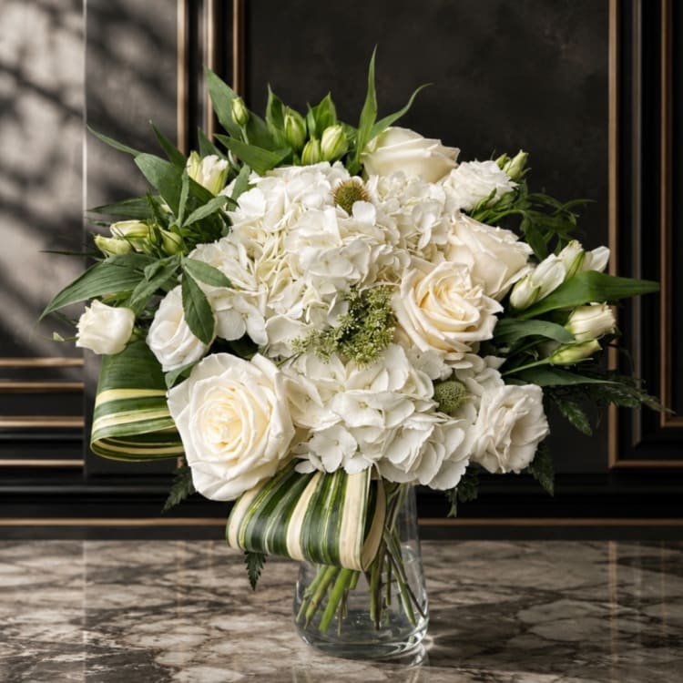 White roses and hydrangeas in a clear glass vase with striped leaf wrap