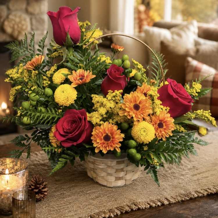 Basket arrangement with red roses and orange-yellow daisies