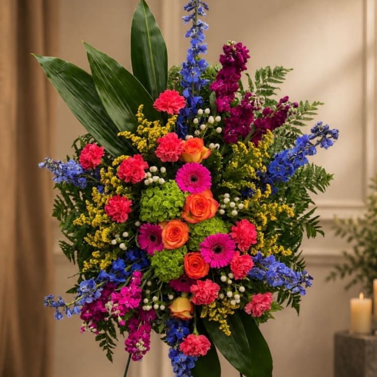 Colorful standing floral arrangement with roses, gerberas, carnations, and blue spikes