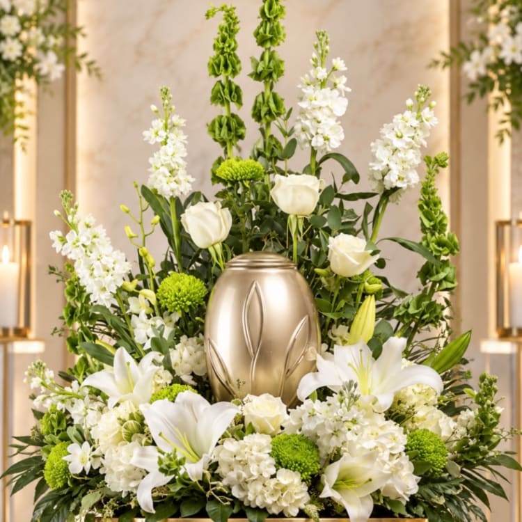 White lilies and roses arranged around a gold urn with green accents.