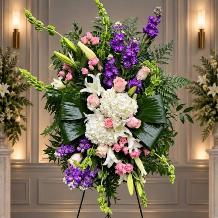 Large standing floral spray with white lilies, pink roses, purple blooms, and hydrangeas