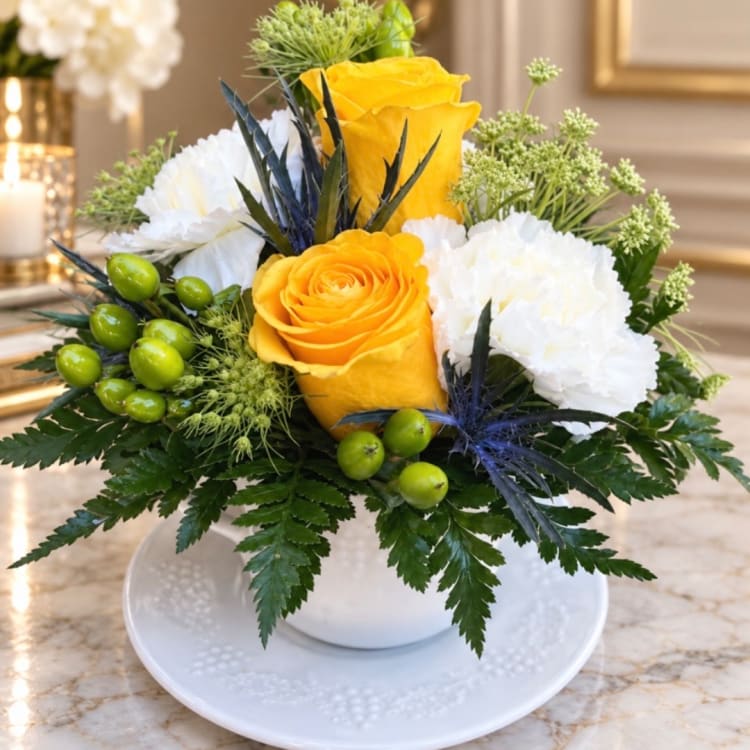 Yellow roses and white carnations in a white bowl vase