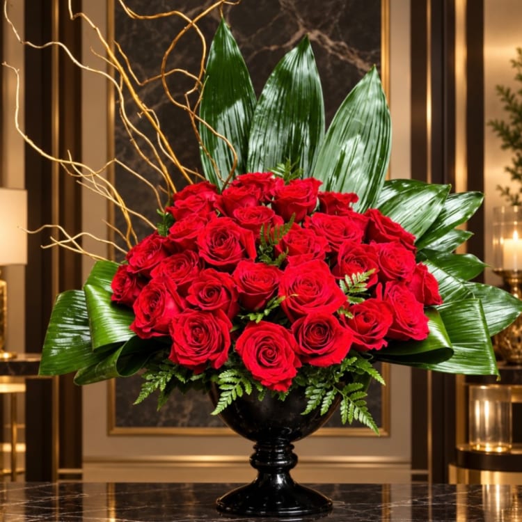 Red rose arrangement in a black pedestal vase with large green leaves