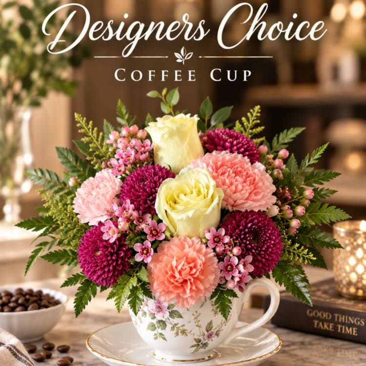 Floral arrangement in a teacup with roses, carnations, and chrysanthemums