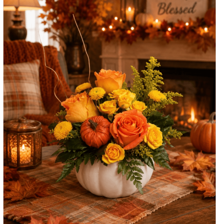 Orange and yellow roses in a white pumpkin vase with fall accents