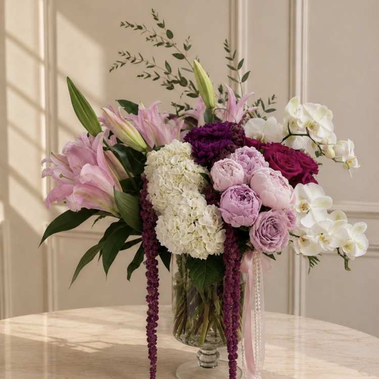 Pink and white floral arrangement in a glass vase