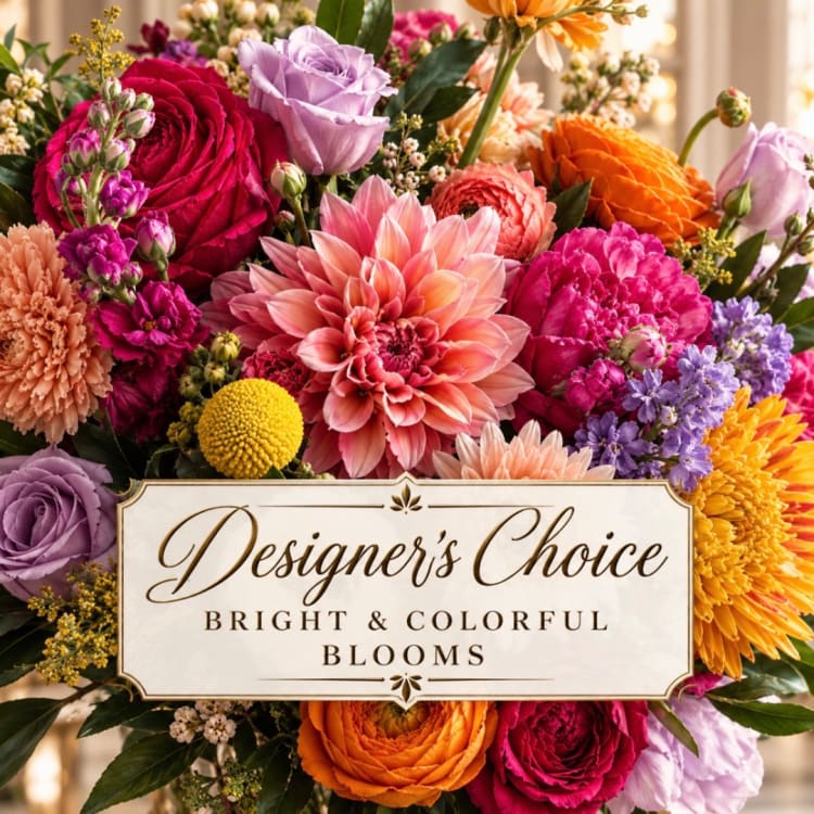 Bright mixed bouquet with roses, dahlias, and other blooms