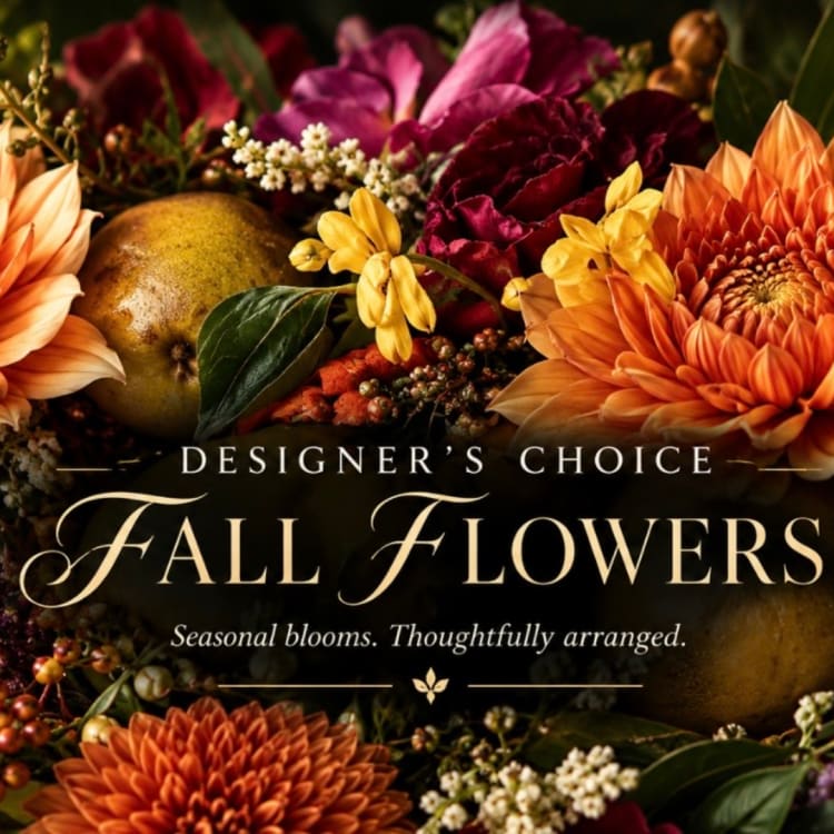 Fall flower arrangement with orange and burgundy blooms and pears