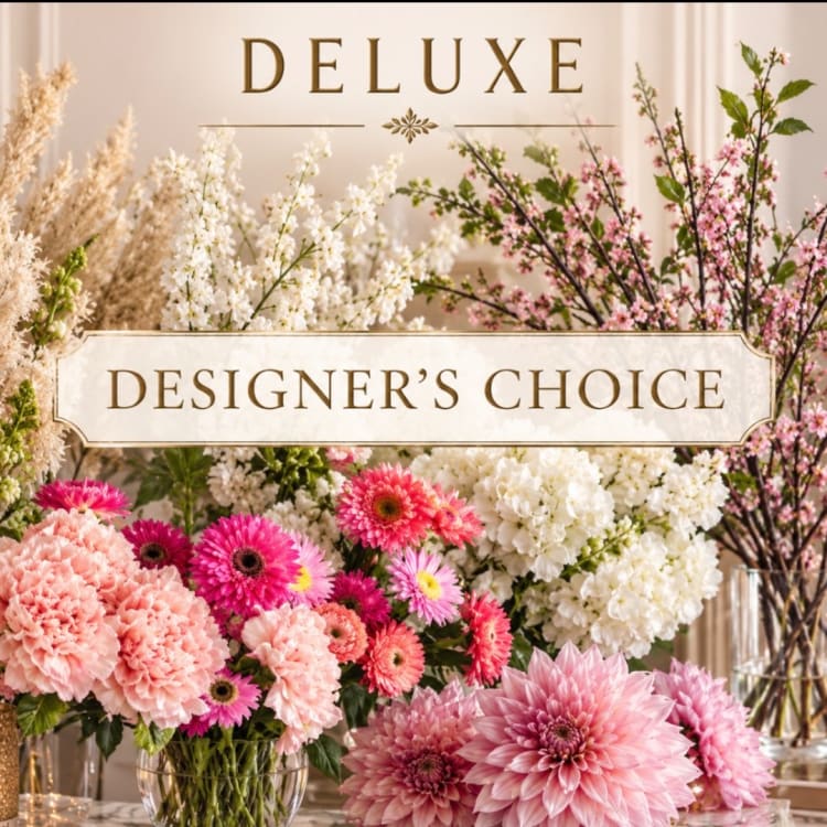 Mixed pink and white flower arrangements in glass vases with a "Designer’s Choice" sign