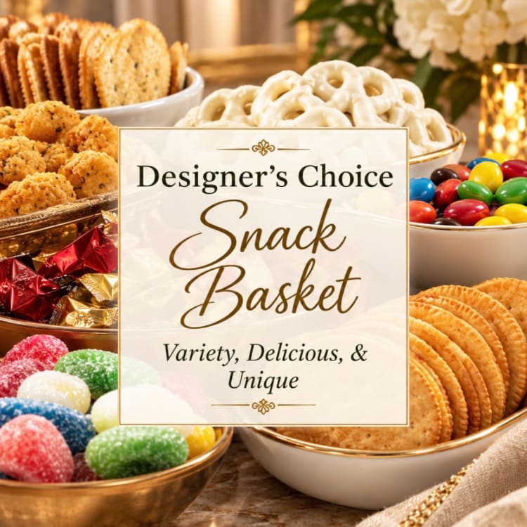 Snack basket with assorted cookies, pretzels, and candies