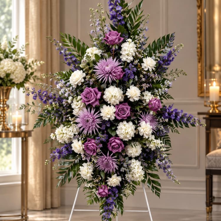 Large purple and white floral standing spray on an easel
