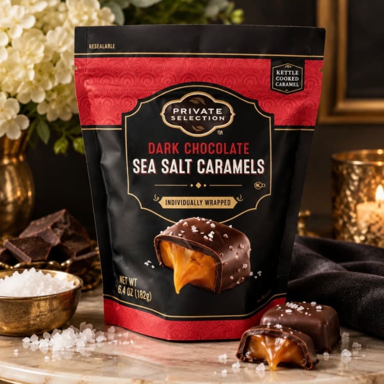 Bag of dark chocolate sea salt caramels with pieces and salt nearby