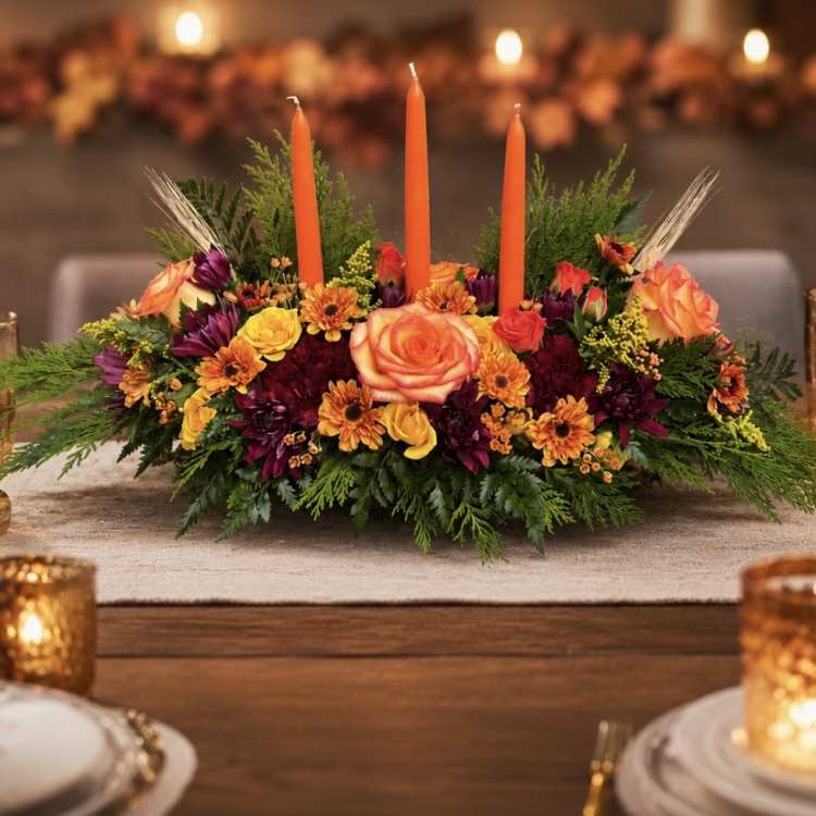 Low floral centerpiece with orange candles and mixed autumn blooms