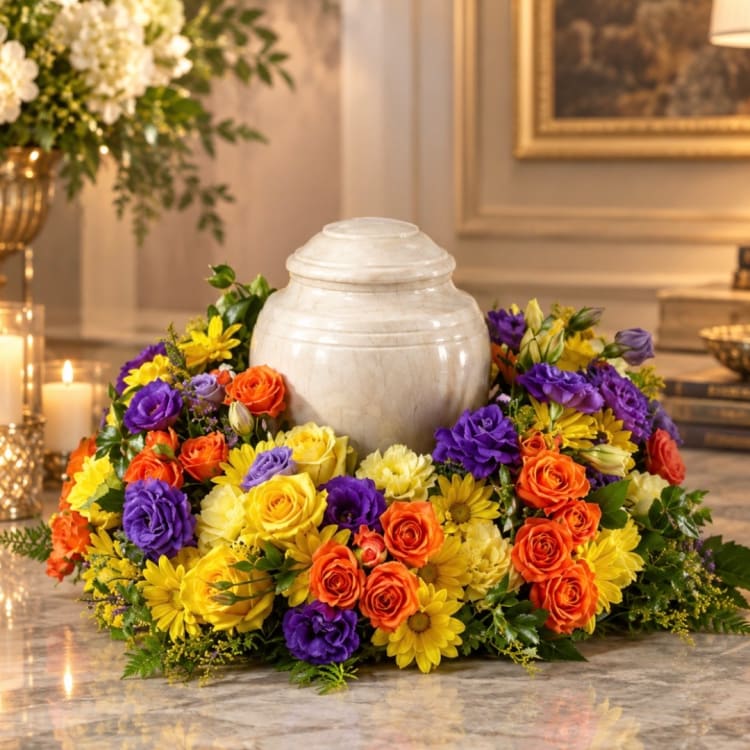 Colorful floral urn arrangement with roses and daisies around a white urn