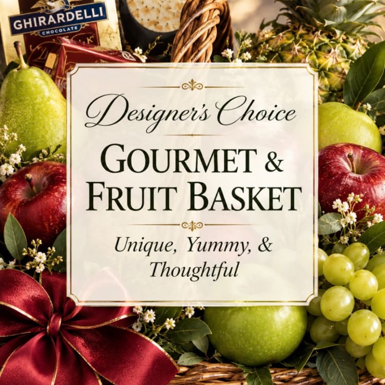 Gourmet fruit basket with apples, grapes, pears, chocolate, and a ribbon